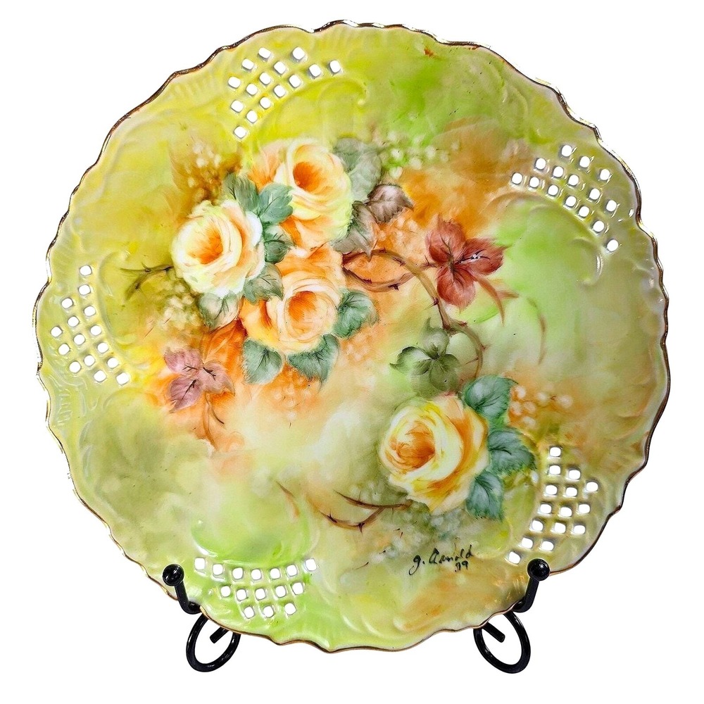 1879 Antique Hand-Painted Yellow Roses Cabinet Plate - Signed G. Arnold 8.25"